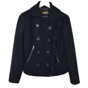 Sunner Wool Ruffle Moto Zip And Button Black Jacket Women Sz S Coat
